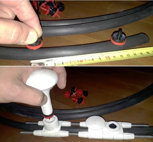 Hilfsmittel – Tropfdüsen-Setzgerät (vorher von Hand, nachher mit Hilfsmittel)